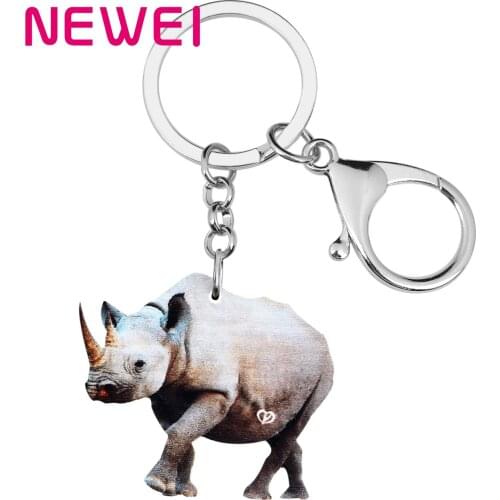 Newei Acrylic Gray Rhinoceros Keychains Printing Long Wild Animal Key Ring Jewelry For Women Kids Men Fashion Gift Car Accessory