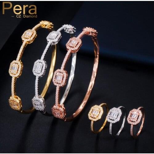 Pera Trendy Princess Cut Crystal Indian Gold Luxury Bridal Wedding Party Open Cuff Bangle Ring Sets Women Costume Jewelry Z066