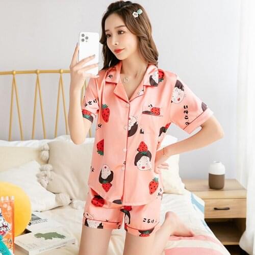 Womens Sleepwear Set Sexy Cute Print Short Set Pajamas for Women Silk Pajama Set Sweet Short Sleeve Top & Shorts Summer Pijamas