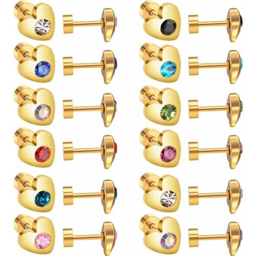 LUXUKISSKIDS Cute Style Heart Shape With Coloful Round Cubic Zirconia Screw Stud Earring Bijoux Party Stainless Steel 12pairs