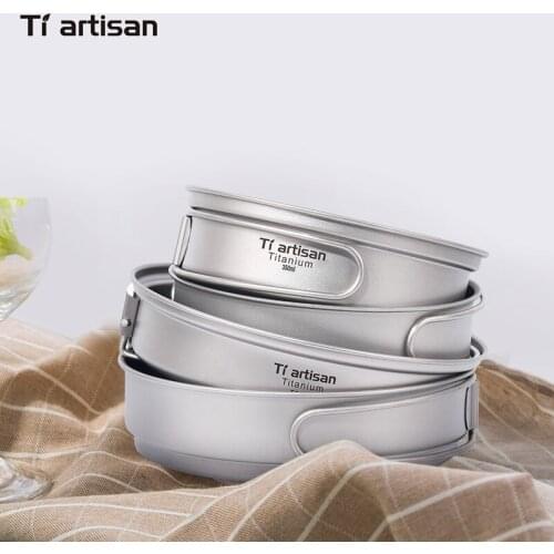 Tiartisan New Arrival Eco-Friendly Ultraight Titanium Frying Pan Cookware Camping Plate 350ml/500ml With Folding Handle