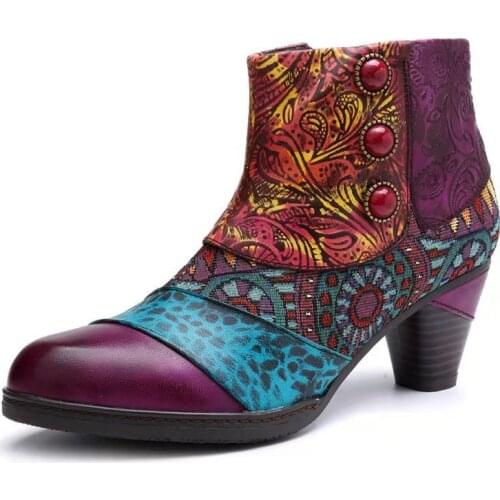 Womens Print Ankle Boots 2020 Woman Ethnic Crystal Short Boots Ladies Mid Heels Female Mixed Color Pumps Women Shoes Plus Size