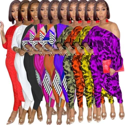 Cutubly Plus Size S-4XL Women Sets Sexy Print Pants And Short Sleeve Crop Top Sets Skew Collar Casual Loose 2 Piece Pant Sets