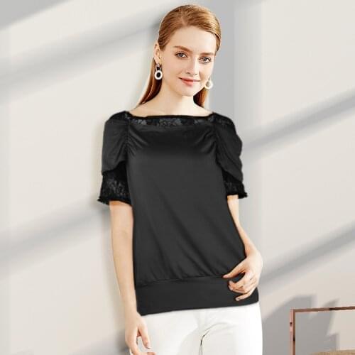 Women Top Scoop Neck Cotton Tees Tops Women Clothes Lace Patchwork Black T-shirt