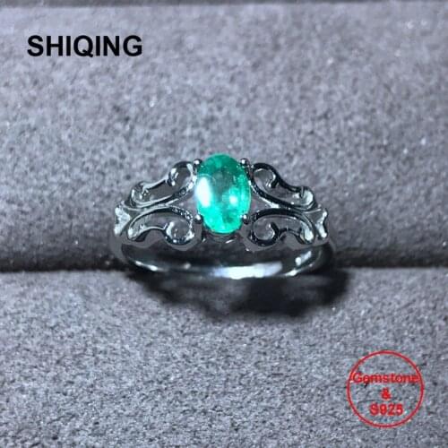 SHIQING Nature emerald true gemstone ball cut oval shaped butterfly ancient precious silver ring for women