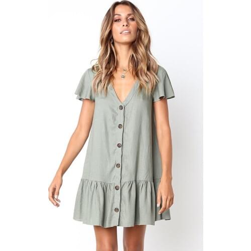 2018 Summer Casual White/Green Mini Dress Women Cotton Single-Breasted Button Ruffles Short Sleeve Dress Solid Red Loose Dress