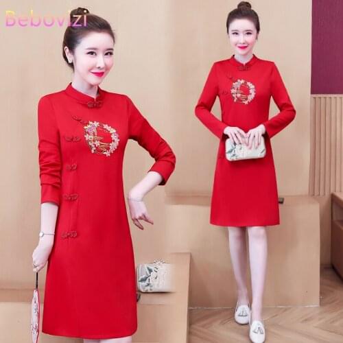 Plus Size M-4XL Fashion Red Embroidery Vintage Party Cheongsam Dress for Women Long Sleeve Qipao Traditional Chinese Clothes