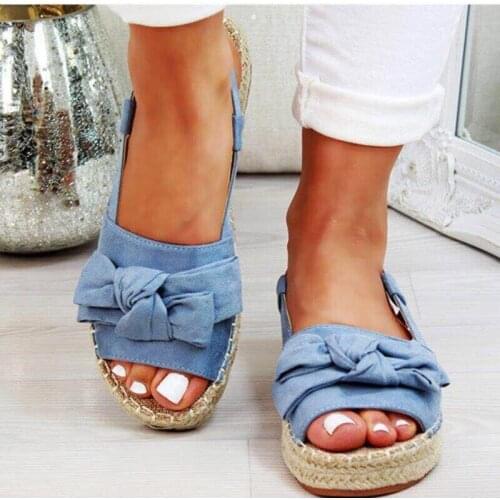 2021 Shoes Flats Shoes Woman Peep Toe Sandalia F Bowknot Shoes Casual Platform Buckle Strap Hemp Flock Sandals