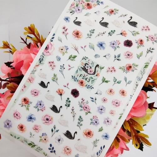 3D Nail Sticker Foil Self Adhesive Design Sliders Rose Flowers Black White Swan Nail Art Decoraciones Manicure Accesorios Tips