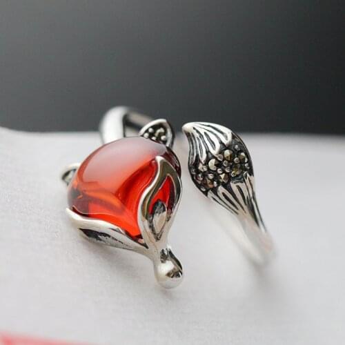925 sterling silver ring inlaid garnet red fox hand ring