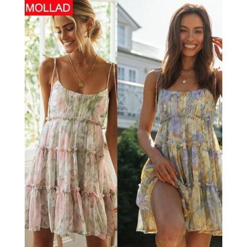 AliExpress 2021 European and American Foreign Trade Fashion Womens Wear Suspender Dress Printed Lace-up Large Swing Dress