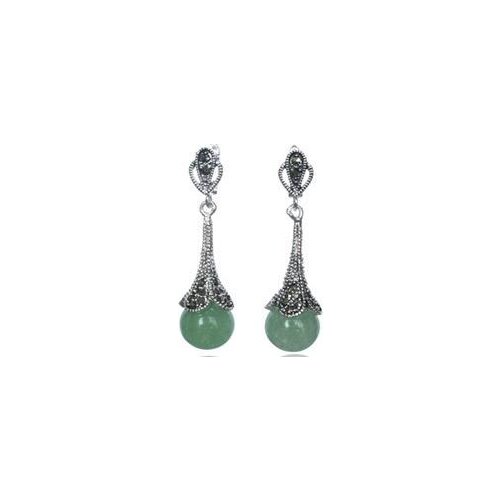 Free Shipping Fashion 925 Sterling Silver Marcasite Inlay Green jade Semi-precious Stone Round Drop Earrings