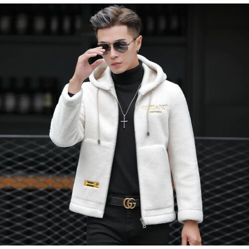 Mens Cashmere Sheared Fur Hooded Leather Jacket Embroidery Winter Wool Coat