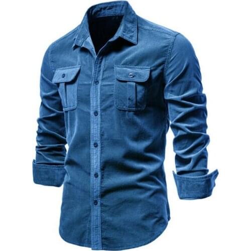2021 Mens Shirt Single Breasted Cotton Business Casual Shirt Fashion Solid Color Corduroy Men Autumn Shirts Slim