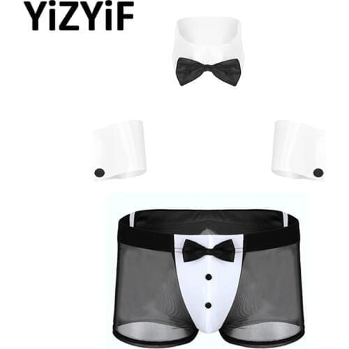 Mens Waiters Cosplay Sissy Lingerie Set Sexy Bowknot Collar Cuffs See Through Mesh Briefs Back Rabbit Ear Underwear Men Sexy