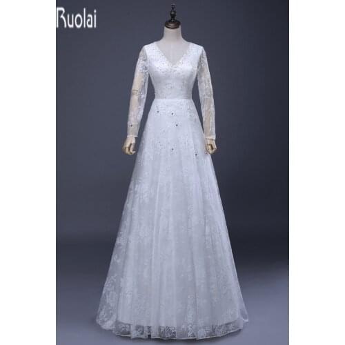 Real Picture Hot Sale Sweetangel White Lace Beading V-neck Long Sleeves A-line Floor Length Formal Wedding Dress(WDSB-2027)