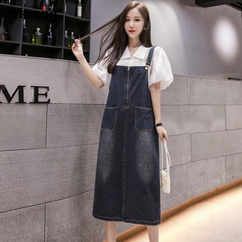 NEEDBO Denim Dress Plus Size 5XL Casual Suspenders Jeans Dress for Women 2020 A-Line Sleeveless Mid-Calf Vestidos Robe Summer