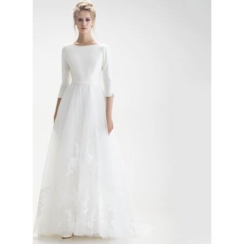 Modest O-neck Tulle Wedding Dress 2021 White Ivory Sweep Train Appliques Three Quarter Sleeve A-line Bridal Gowns