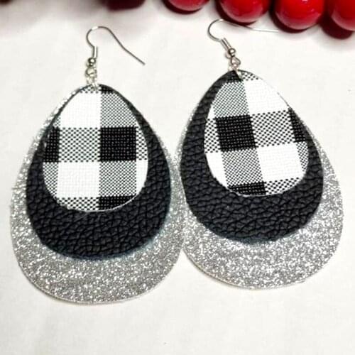 Popular Black And White Stripes With Silver Glitter Faux Leather Teardrop Earrings