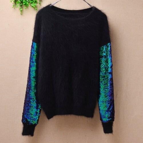 Ladies women korean fashion sequins long sleeves short style loose o-neck pullover angora rabbit fur jumper sweater pull jacket