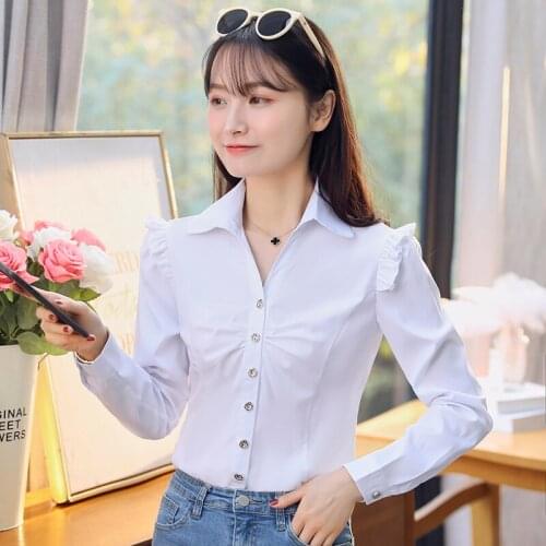 XXXL Slim Ruffles White Women Shirts Cotton Long Sleeve Blouse Female Blusas Lady Undershirt Tops Elegant Women Office Clothes