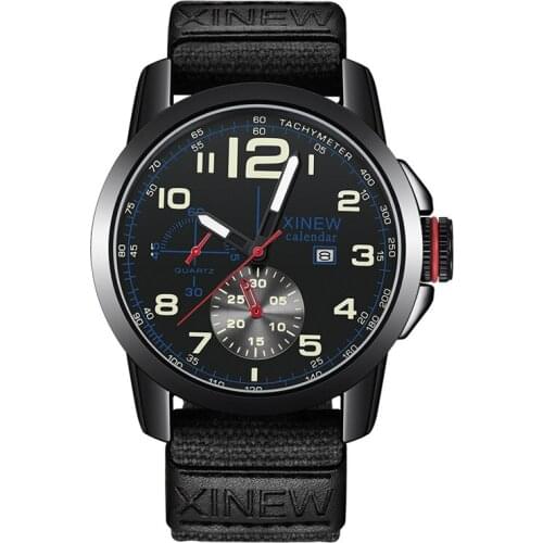 XINEW Men Brand Watches Montre Homme Fashion Nylon Band Big Round Alloy Case Date Sports Quartz Vintage Watch Relogio Masculino