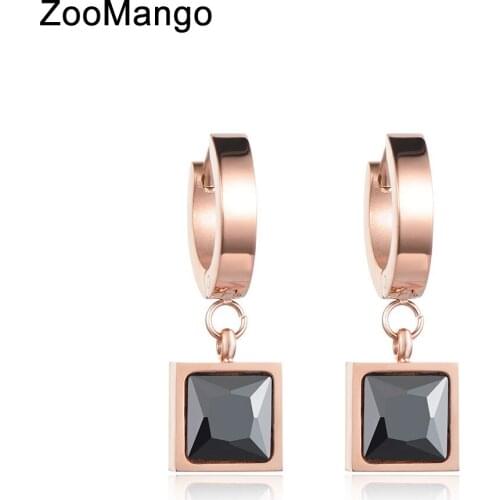 Classic Black Square Cubic Zirconia Hoop Earrings For Women Titanium Steel Wedding Earrings Jewelry Boucles D'oreilles ZE17045