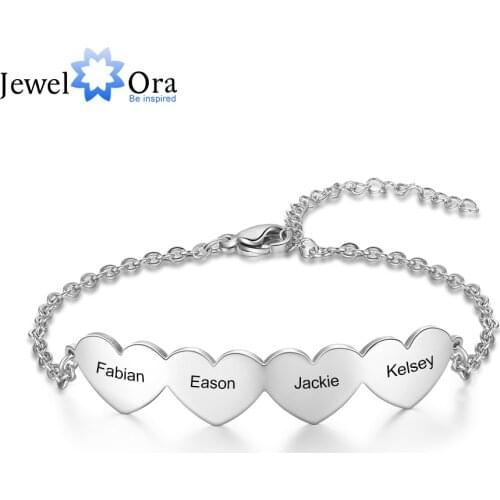 JewelOra Customized 2-5 Hearts Charm Bracelets for Women Stainless Steel Personalized Engraved Bracelets Custom Jewelry Gifts