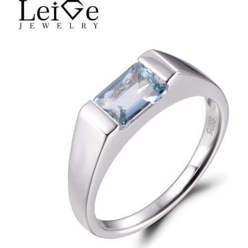 LeiGe Jewelry Natural Aquamarine Rings Proposal Ring March Birthstone Emerald Cut Ring Blue Gems 925 Sterling Silver for Women