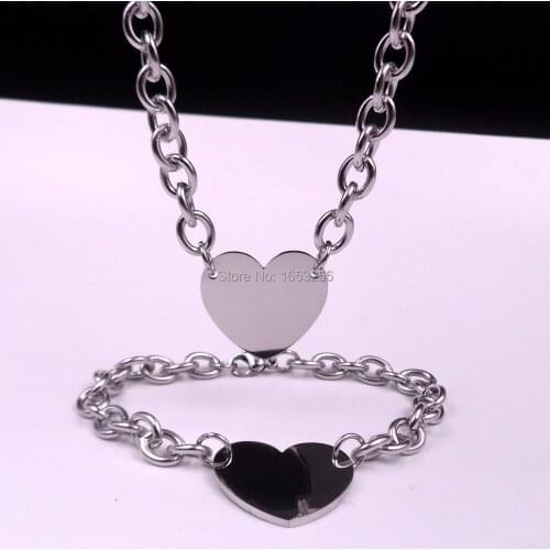 Women New Arrival Stainless Steel Jewelry set Sweet Love Heart Tag Charms Bracelet + Necklace Oval Link Chain 8mm wide