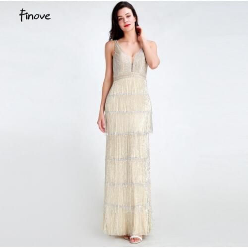 Finove Luxury Champagne Evening Dresses Long 2020 Sexy V-Neck Sleeveless With Tassel Beading Floor Length Elegant Party Dress