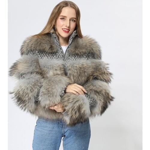 Winter Women Short Fashion Casual Zipper Stand-Collar Real Raccoon Fur Coat Jacket MJF-FC-20