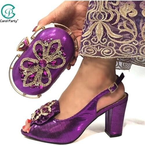 2020 New Arrival Italian design Purple Color Ladies Shoes and Bag Set Decorated with Rhinestone African Shoes with Matching Bags