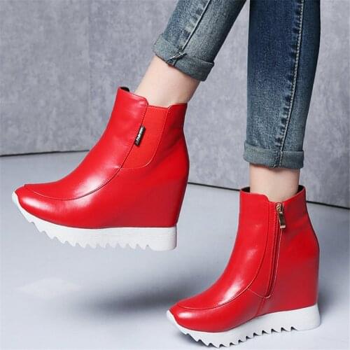 2020 Fashion Sneakers Women Genuine Leather Wedges High Heel Motorcycle Boots Female Winter Warm High Top Round Toe Casual Shoes