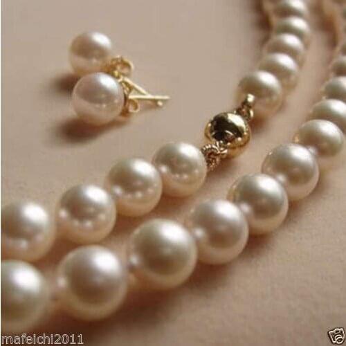 8MM White Akoya shell Pearl Necklace +Earring AAA 18"