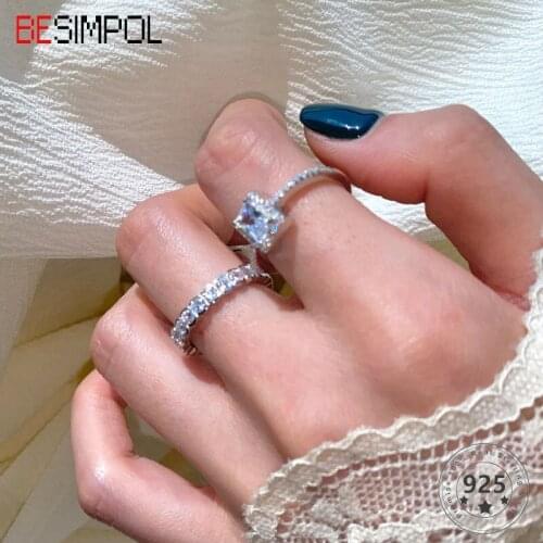 Besimpol 925 Sterling Silver Square Diamond Ring Light Luxury Zircon Super Flash Adjustable Rings For Women Party Fine Jewelry