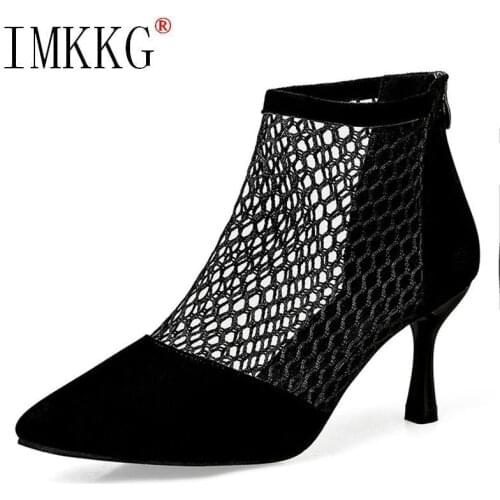 Summer Women High Heels Sexy Fishnet Ankle Boots Heels Flock Heels Pointed Toe Cool Sandals Boots Thin Heels Women Casual Shoes