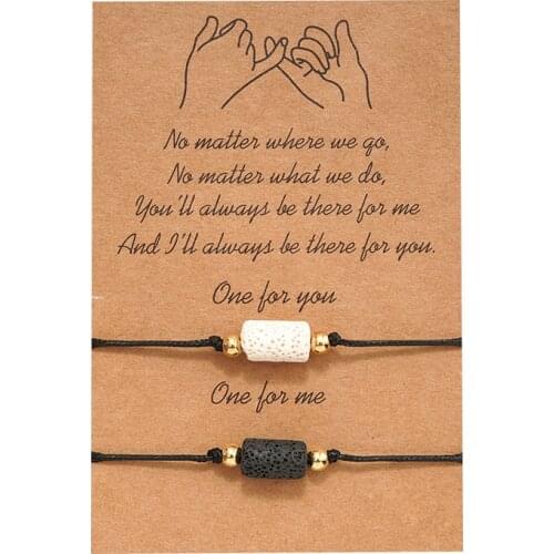 Black White Lava Stone Charms Bracelet Sister Love Friendship Adjustable Rope Wristband Essential Oil Diffuser Jewelry Card Gift