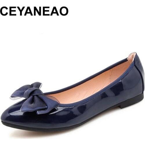 CEYANEAO New womens shoes spring-summer faux leather flats flats for women large size (40) 41 Butterfly knot flat shoes