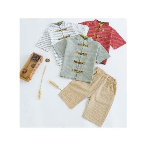 Childrens Hanfu summer boy baby thin section costume Chinese style little boy short-sleeve ethnic style cotton and linen suit