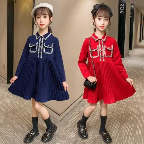 High Quality Kids Dresses for Girl Long Sleeve Spring Fall Girl Clothes Red Navy Color Toddler Teens Children Princess Dress