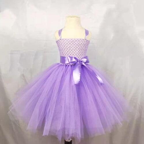 Girls purple Crochet Tutu Dress Kids Fluffy Tulle Strap Dress Ball Gown with Hairbow Children Birthday Wedding Party Costume