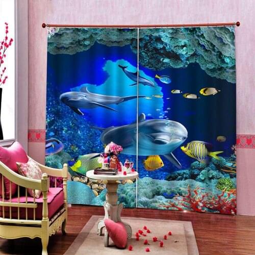 Underwater World Dolphin Coral Cave 3D Photo Curtain For Kids Room Living Room Bedroom Blackout Window Drapes Decor Sets