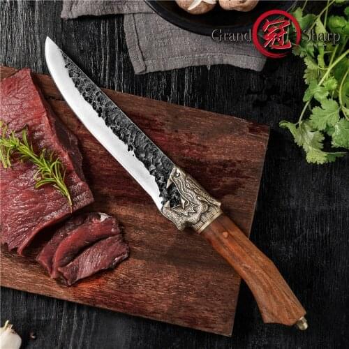 Kitchen Chef Knife Chinese Handmade Forged Stainless Steel Butcher Knife Fish Meat Slicing Cooking Outdoor Tools Leather Sheath