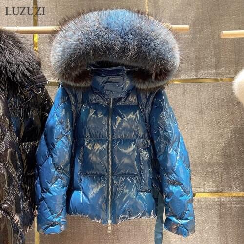 LUZUZI 2021 Large Real Raccoon Fur Hooded Winter Down Coat Women 90% White Duck Down Jacket Glossy Thick Warm Parkas Outerwear