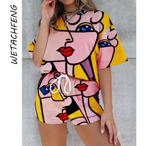 Fashion Aesthetics Sexy Ladies Print Shorts And Top Loungewear Set Plus Size Female Tracksuits Summer 2021 Casual Women Clothing