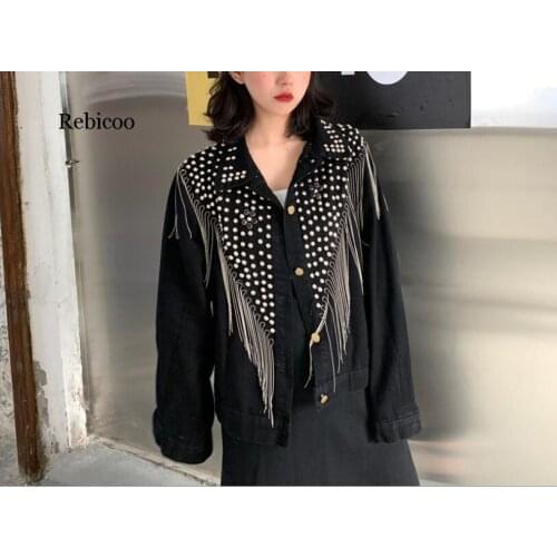 Autumn Streetwear Denim Jacket Women Hand-studded Rivet Tassel Chain Short Jeans Jacket Loose Black Coats