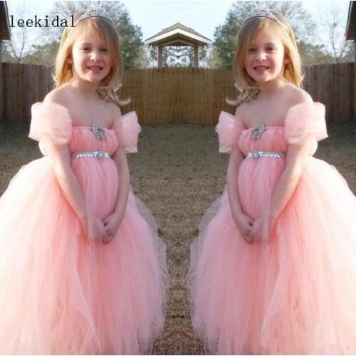 Pink Flower Girl Dresses Off The Shoulder Simple Tulle Floor Length Sequins Sash Girls Pageant Dresses Girls Birthday Party