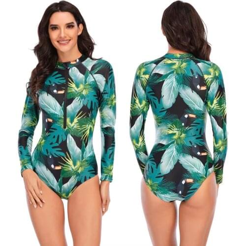 Long Sleeve Rash Guard Women Print Swimwear Zipper One Piece Swimsuit Plus Size Surfing Suit Shorts Diving Clothe Pad Bath Suit