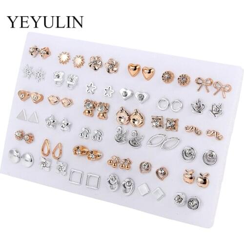 36pairs Fashion Gold Silver Color Plastic Stud Earings Sets For Women Girls Cute Mini Heart Star Crystal Swan Shape Ears Jewelry